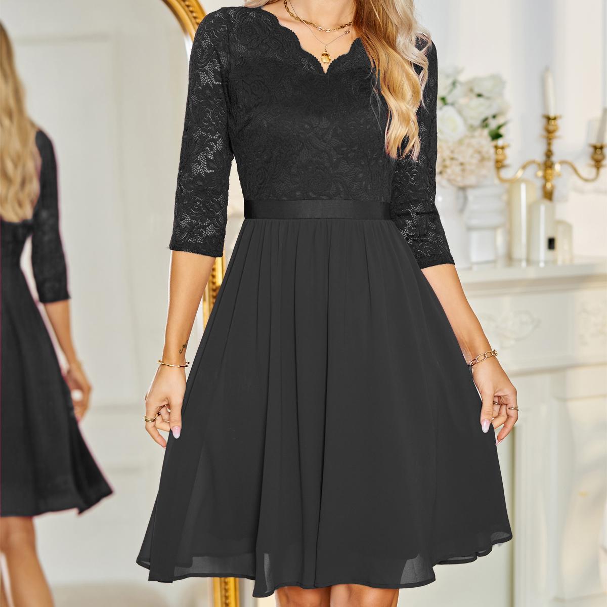 Damen Abendkleid, V-Ausschnitt, 3/4-Ärmel, Spitze, Chiffon, Midikleid, Party, Brautjungfer, Hochzeit, Gast, Cocktail, Abschlussball, Kleider, Anlasskleidung L