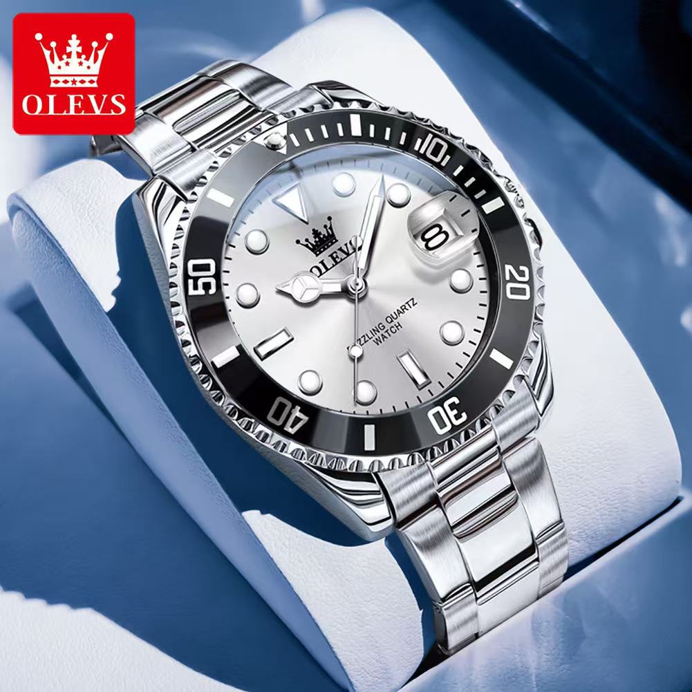 OLEVS 5885 mit Geschenkbox, luxuriöse grüne Wassergeist-Quarzuhr, wasserdichte Herrenuhr, Herrenuhr weiß/silber