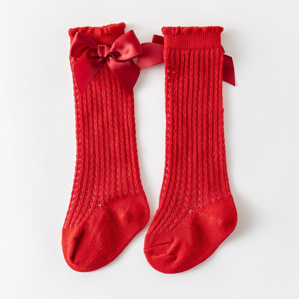 Sommer Baby Mädchen Socken Nette Große Bögen Weiche Baumwolle Elastische Einfarbig Mesh Neugeborenen Socken Kniehohe Lange Kleinkind Mädchen socken 0-12 months rot