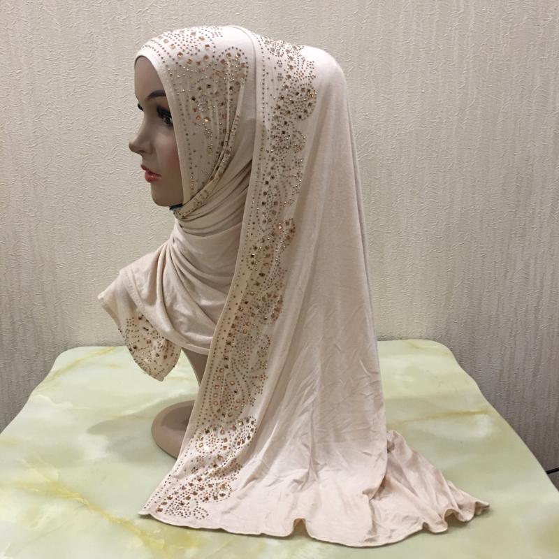 H099 hochwertiger weicher Jersey-Schal mit Steinen zum Überziehen Modal-Kopfschal Damen-Hijab islamischer Damen-Schal Kopftuch beige
