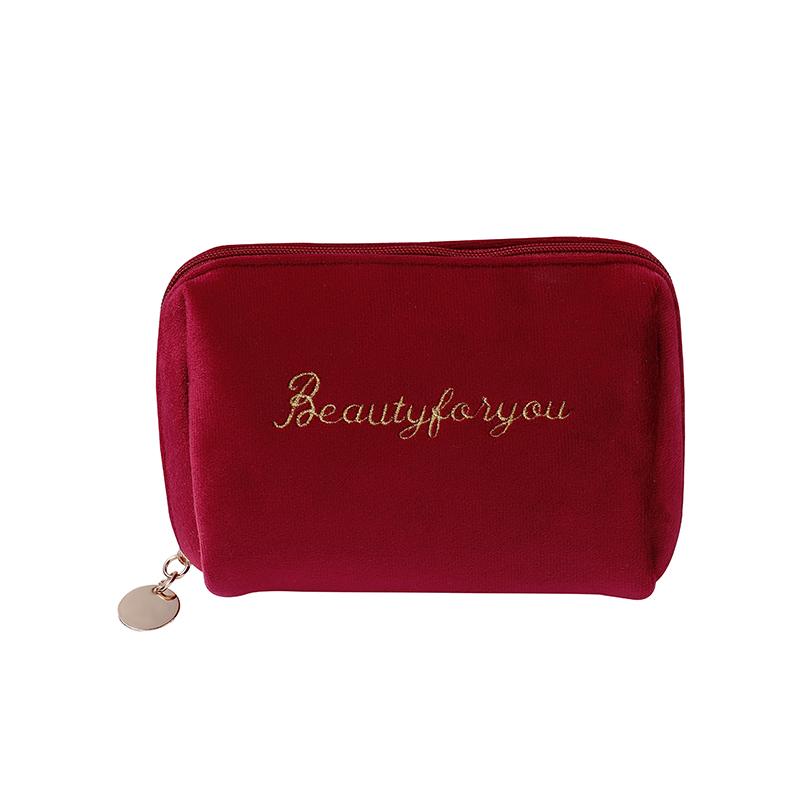 Damen-Make-up-Tasche mit Reißverschluss, Samt, für Reisen, große Kosmetiktasche für Make-up, einfarbig, Make-up-Beutel für Frauen, das Nötige rot