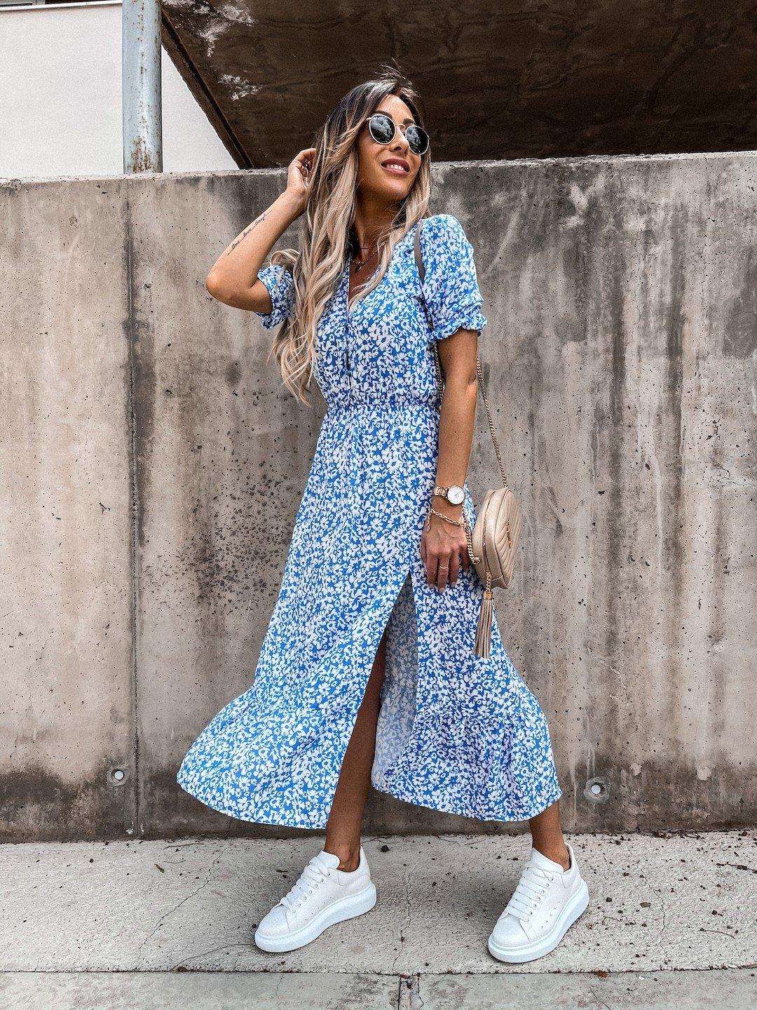Sommer Floral Print Kleid Frauen V-ausschnitt Seite Schlitz Langes Kleid Elegante Kurzarm Taste Schlank Frühling Weibliche Party Kleid M