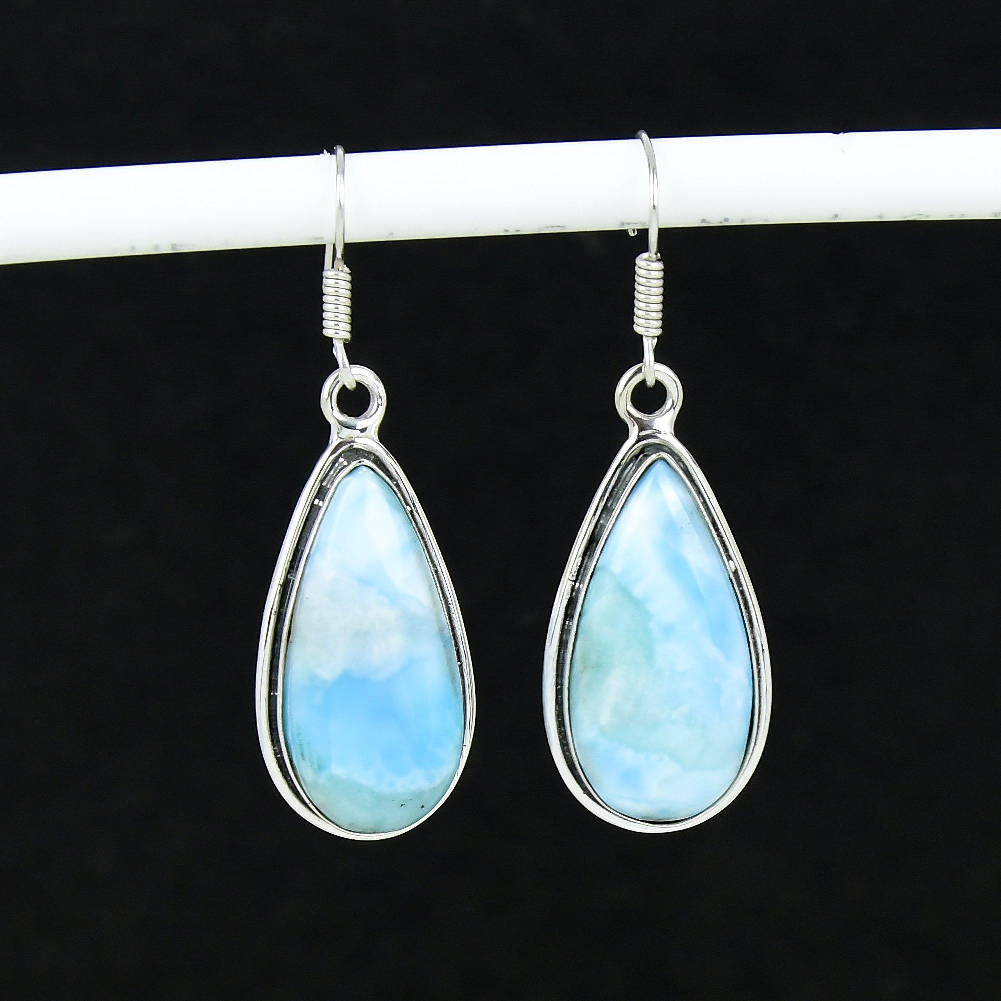 Natürliche Larimar Edelstein Antike Ohrringe 925 Sterling Silber Ohrringe, Boho Silber Schmuck Ohrhänger, Geschenke zum Geburtstag Geschenke für Sie 5.5 Cm blau