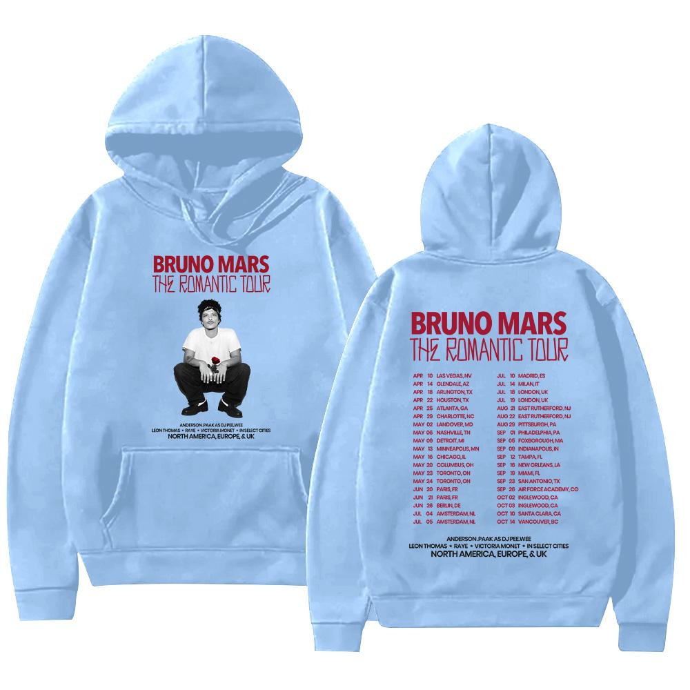 Bruno Mars The Romantic 2026 Tour Hoodie Bruno Mars Sweatshirt Unisex Jugend- und Erwachsenen-Oberteile Konzert-Outfits High Street Pullover L hellblaue