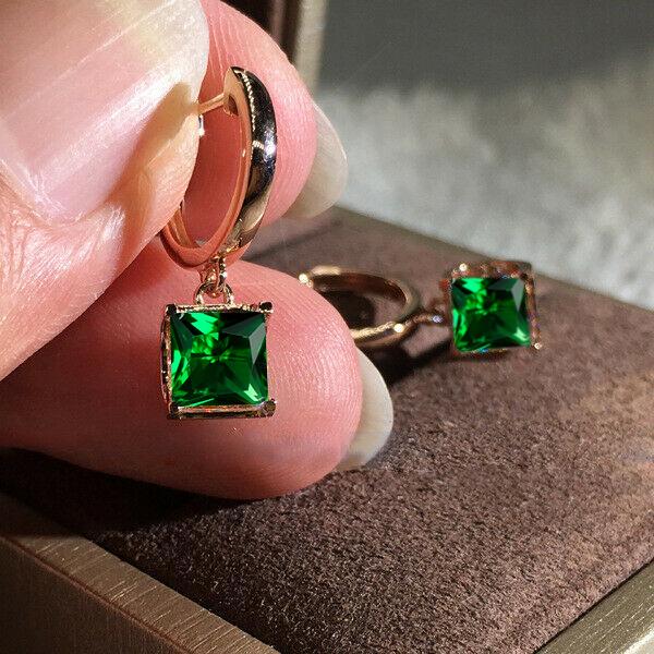 Rose Gold Silber Farbe Luxus Princess Cut Weiß Blau Rot Grün Stein Tropfen Ohrstecker Damen Hochzeit Schmuck Geschenke rose gold/grün