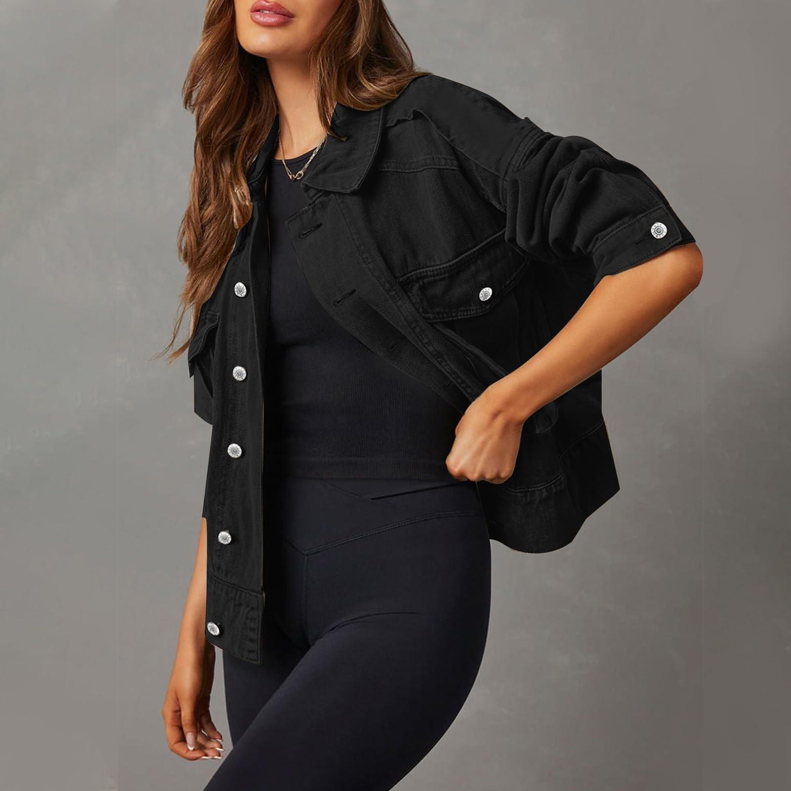 Damen Stretch-Jeansjacke Langarm-Jeansjacke Trucker-Jacke mit Tasche XL schwarz