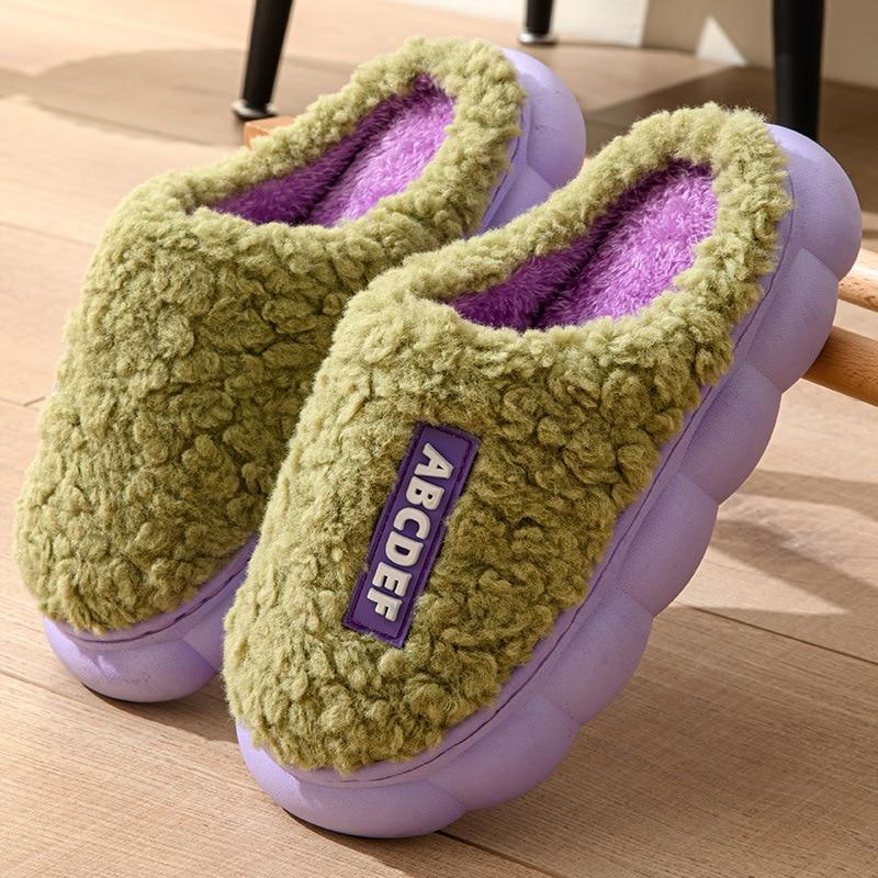 Warme Frauen Hausschuhe Winter Home Pelzige Hausschuhe Farbe Patchwork Baumwolle Hausschuhe Weibliche Hause Hausschuhe Innen Nicht-Slip Plüsch Slipper 38-39 grün
