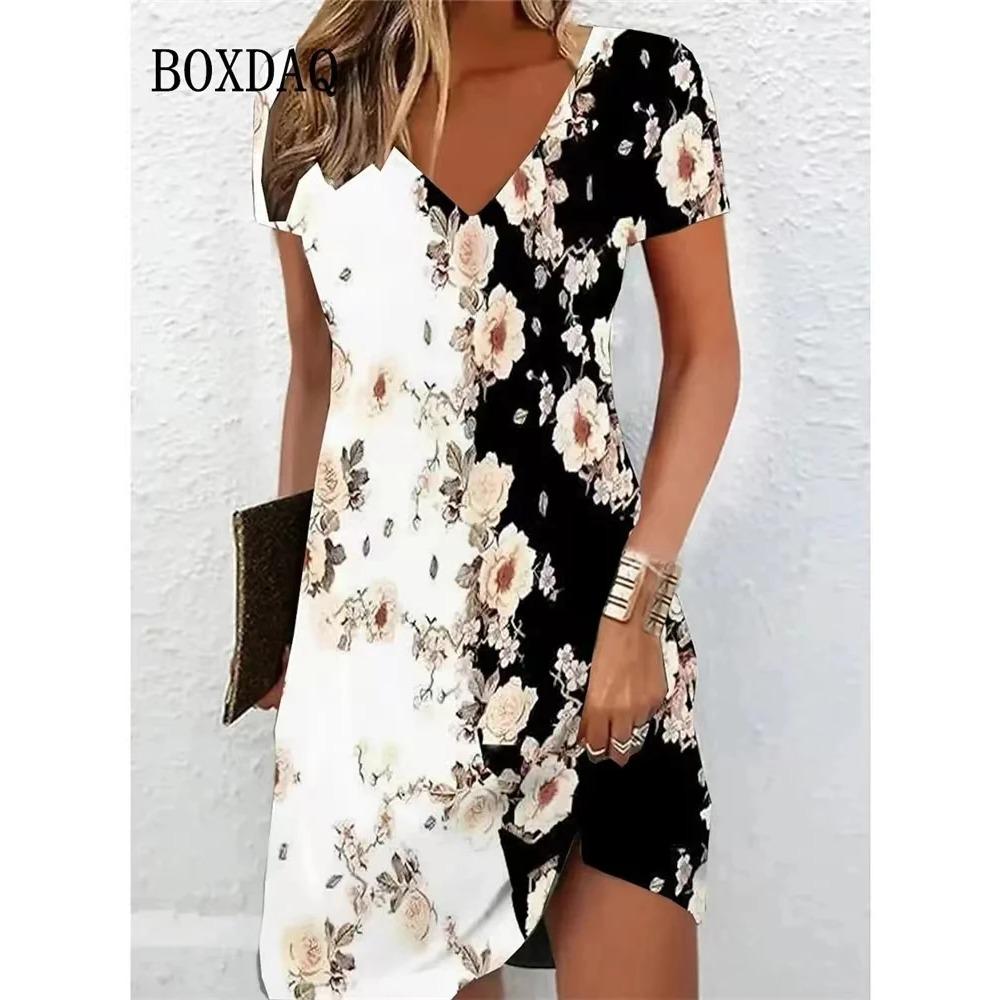 Damen Sommerkleid Locker Sommer Strandkleid Blumenmuster Gedruckt Für Damen Kleid Retro V-Ausschnitt Kurzarm Übergröße Kleider 6XL black