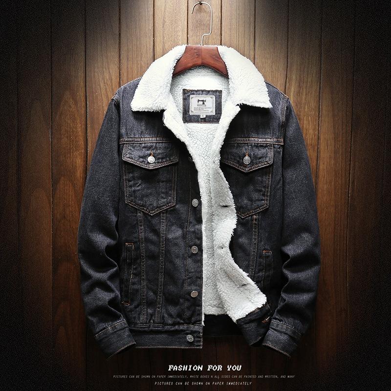 Jean Jacke Männer Dicke Streetwear Denim Bomber Jacken Mantel Männlich Vintage Blau Herren Outwear Plus Samt Einreiher Windschutz XL schwarz