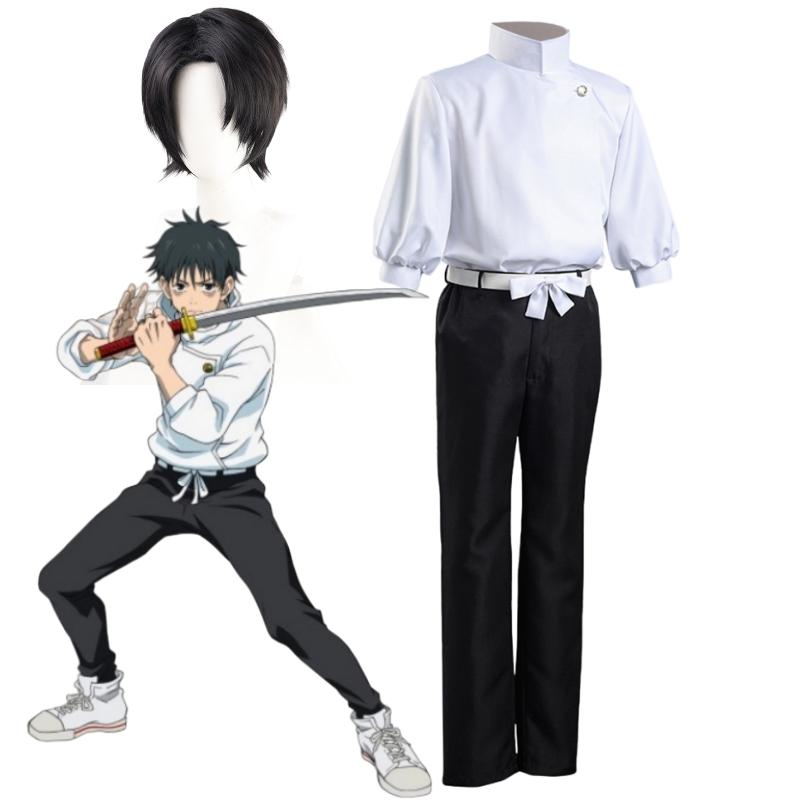 Anime Jujutsu Kaisen Cosplay Okkotsu Yuta Tops Hosen Gürtel mit Perücke Anzug Halloween Karneval Party Kostüme L-(Costume+Wig) white