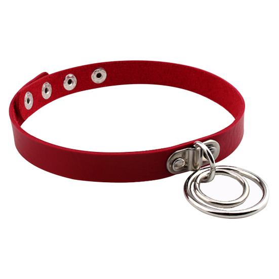 Damenmode Punk Choker Doppelringe Anhänger Kunstleder Kurze Kragen Halskette rot