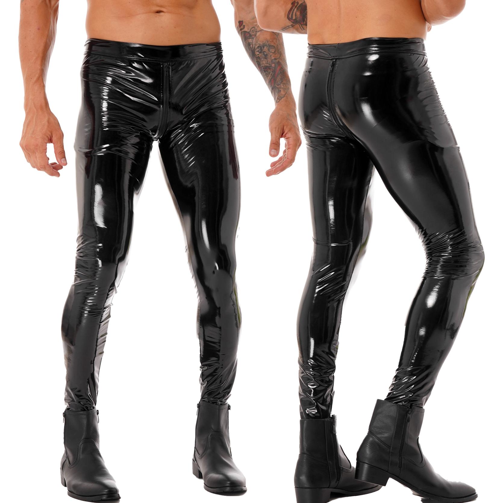 Herren Motobiker Skinny Hosen Zwei-Wege-Reißverschluss im Schritt Hosen Männliche Leggings Motorrad Party Strumpfhosen Hosen Lackleder Clubwear S schwarz