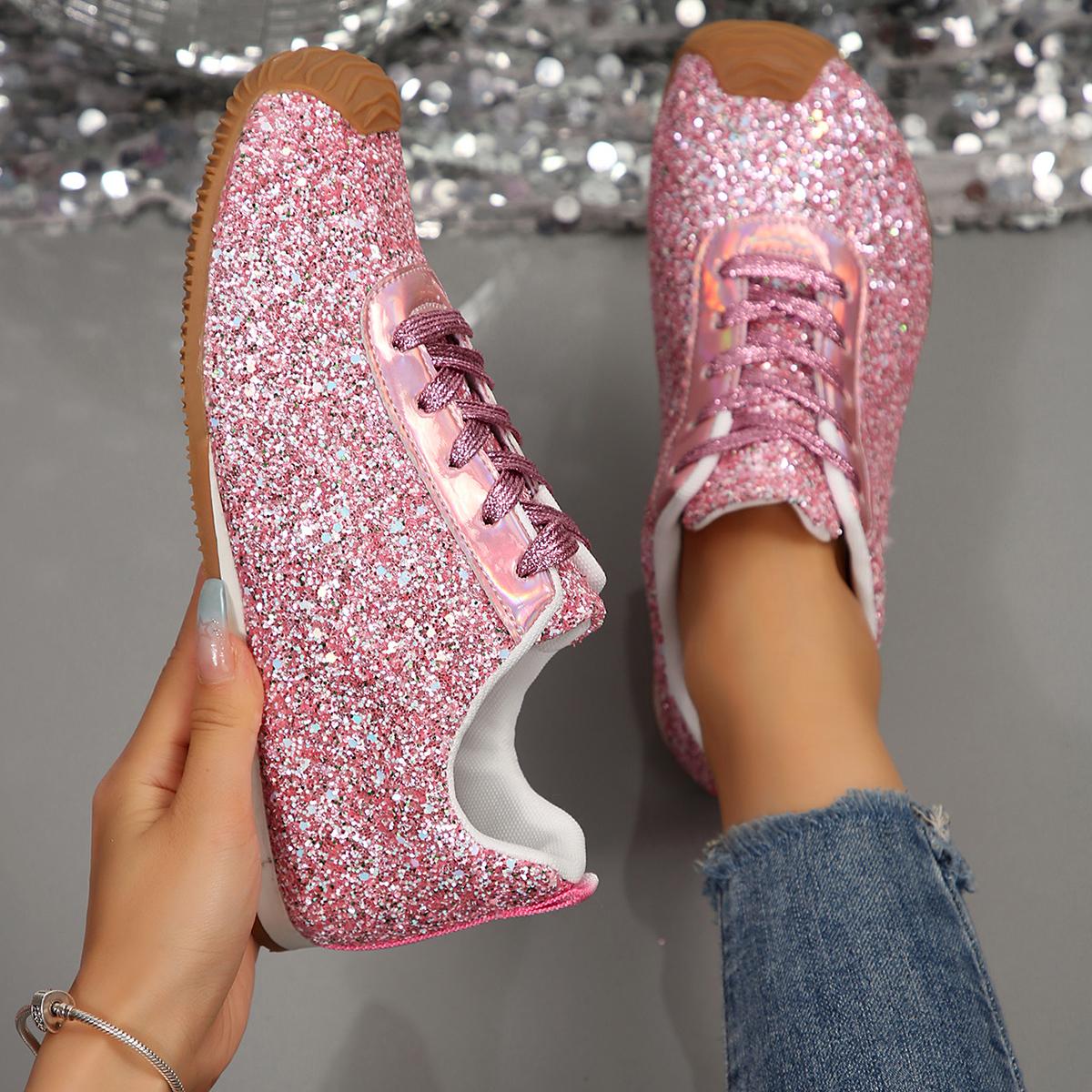 Mode Damen Flache Sneaker Mesh Schnürer Plateau-Sneaker Übergröße Mode Outdoor-Sneaker Frau Lässig Bling Vulkanisierte Schuhe Damen 35 rosa