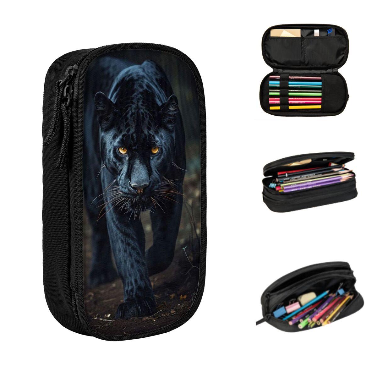 Wilder Schwarz-Leopard Gesicht Druck Federmäppchen für Kinder Geschenke Stiftebox Federtasche Schreibwaren Stifthalter Tasche 21x10.5x5cm