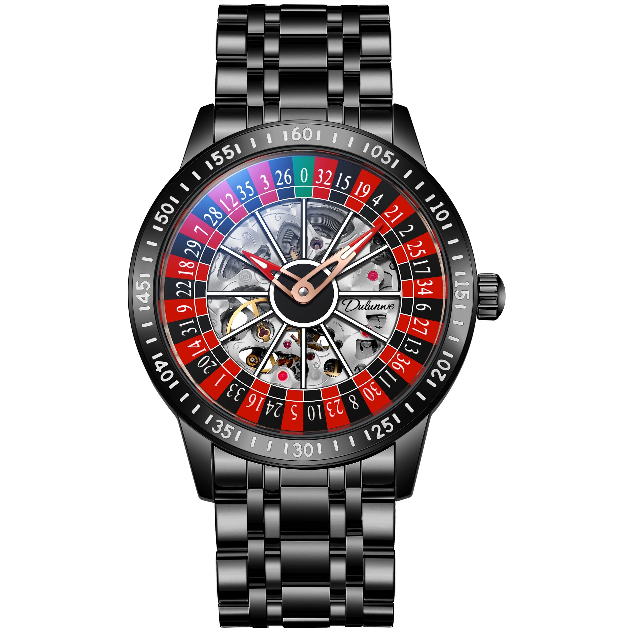 Dulunwe Roulette Automatische Mechanische Uhr für Herren Schwingendes Rotierendes Zifferblatt Design Skelettierte Uhren Edelstahl Wasserdicht Luxus Armbanduhr schwarz
