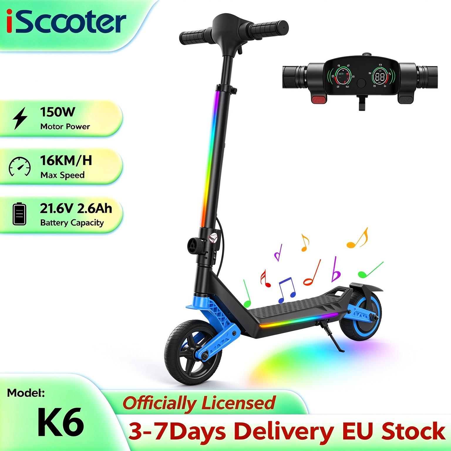 iScooter K6 6,5 Zoll Vollgummi Kinder Elektroroller 16 km/h 150 W 21,6 V/2,6 Ah Einziehbar Faltbar Mit Umgebungslicht E-Scooter K6 16KM/H blau