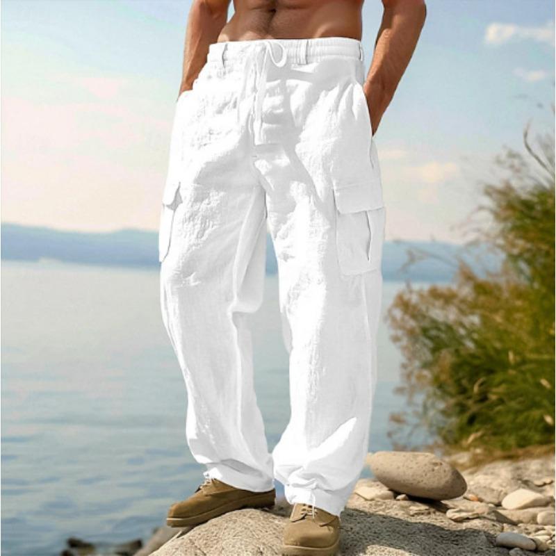 Atmungsaktive Baumwoll- und Leinen-Arbeitskleidung mit mehreren Taschen, lockere und lässige Weitbein-Hose, Herren-Freizeithose M weiß