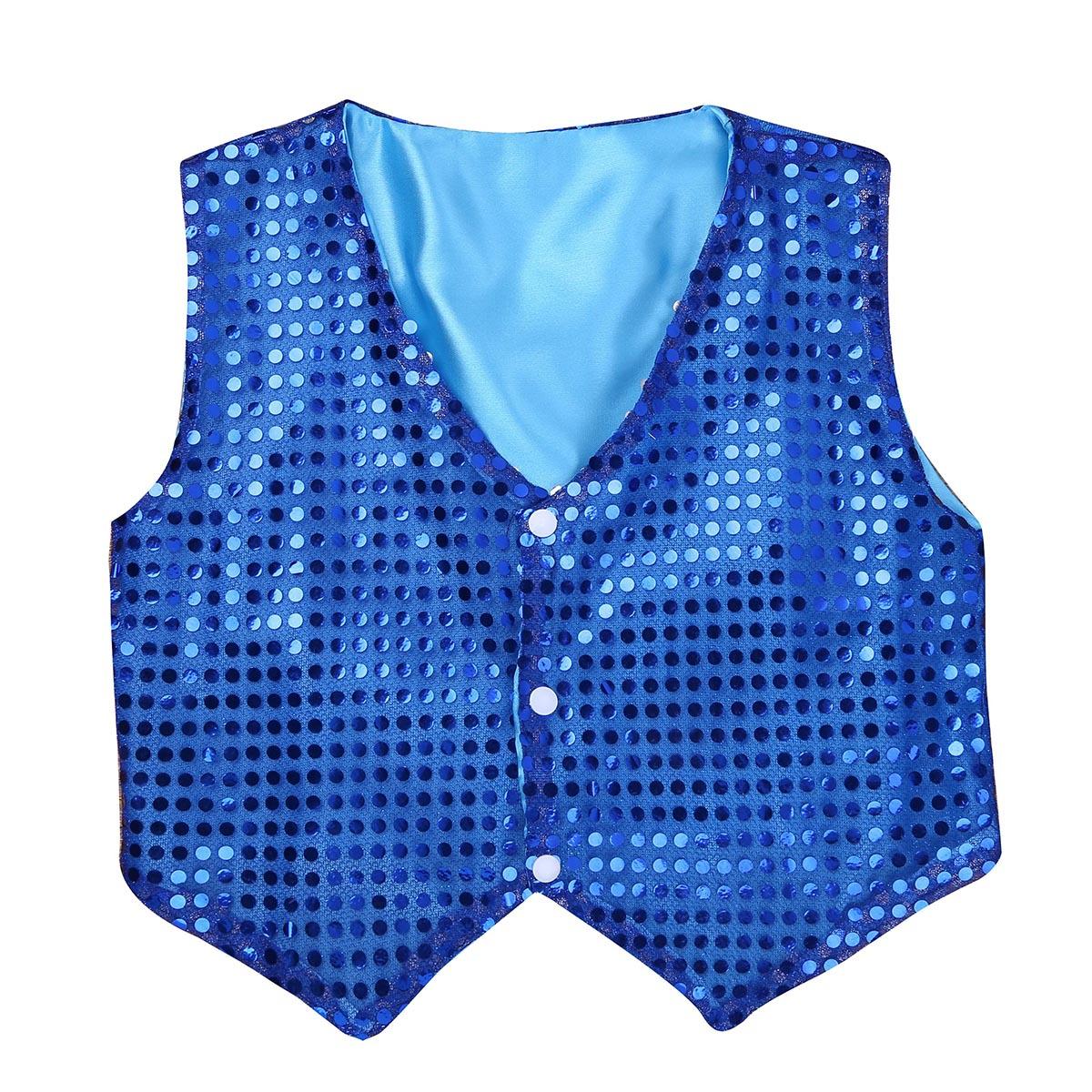 Kinder-Jungen-Oberteil, glitzerndes Pailletten-Hemd, Weste, Kostüme für Chor, Jazz-Tanz, Bühnenauftritt 12-13 Years blau