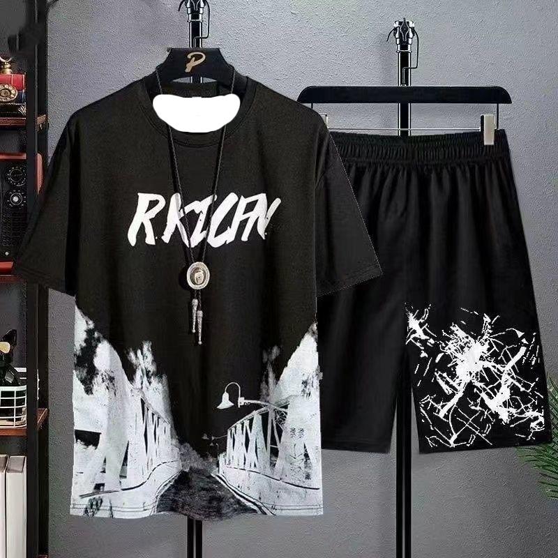 2-teilige Anzüge Herren Casual Muster 3D-Druck Kurzarm T-Shirt und Trainingsshorts Set Urlaub Lounge Strand Sportanzug Fitness 6XL black