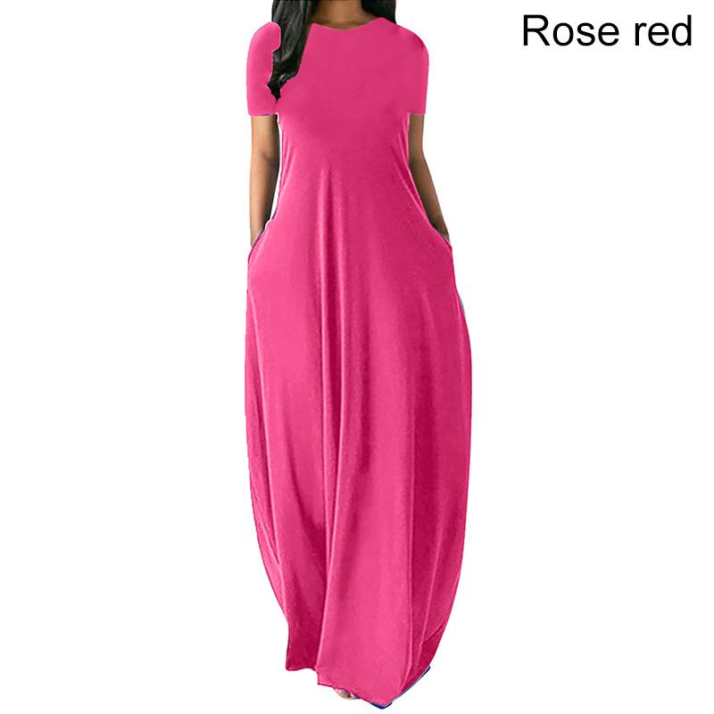 Frauen Casual Lose O-ansatz Lange Kleider Kurzarm Sommer Strand Kleid Elegante Abend Party Kleid S rose rot