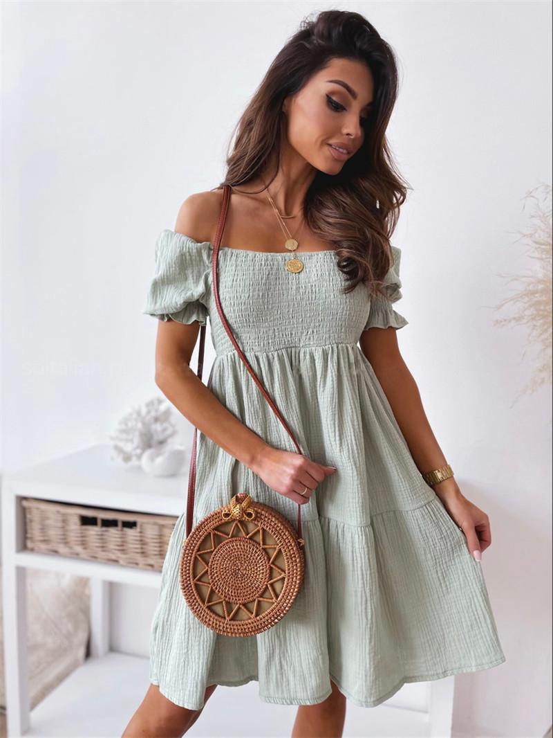 Solide Kleid Frauen Sommer Sexy Off Schulter Kleider Weibliche Slash Neck Backless Puff Sleeve Kleid Damen Elegante Strand Party Kleid XL grün