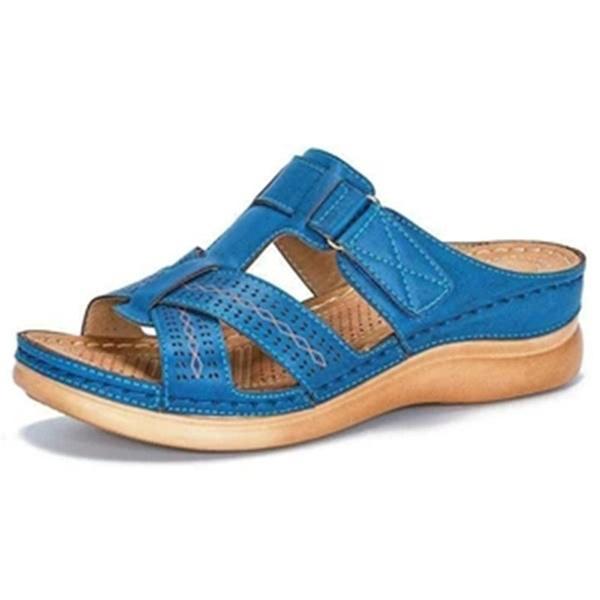 Bestellen Sie eine Nummer größer, Sommer-Frauen-Premium-orthopädische offene Zehensandalen, weibliche Hausschuhe, Schnallenriemen, Vintage-Anti-Rutsch-atmungsaktive Hausschuhe, Übergrößen-Sandalen 40 blau
