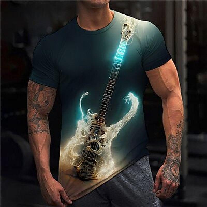 Herren-T-Shirt, T-Shirt, Grafik, Gitarre, Musikinstrument, Rundhalsausschnitt, Kleidung, Bekleidung, 3D-Druck, Outdoor, lässig, kurzärmelig, Druck, Vintage-Modedesigner L
