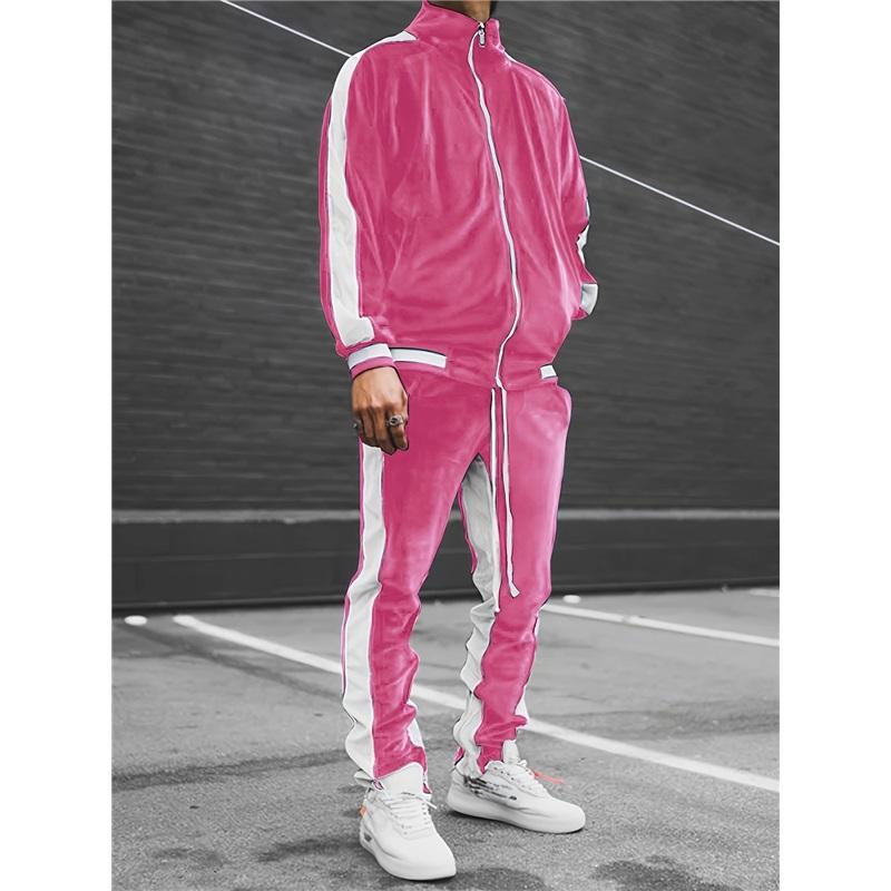 Herren Samt Sportanzug Herbst- und Winteranzug 2-teilig Jacke mit Reißverschluss Jacke Hose Sportliche Übung Freizeit XL rosa