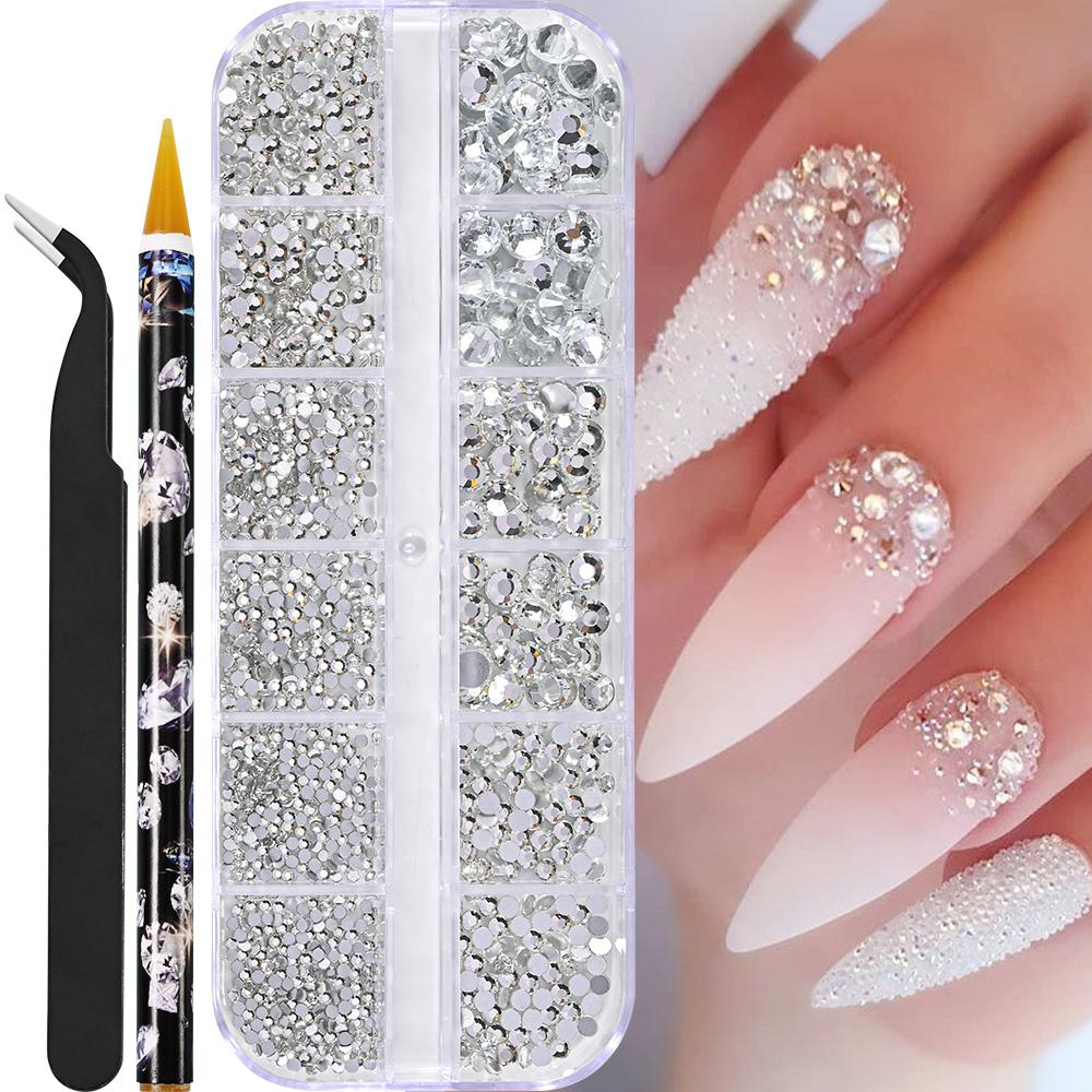 2600-teiliges 3D-Set aus glänzenden Kristall-Strasssteinen für Nägel, Edelsteine mit Picks und Pinzette für Nagelkunst, Handwerk, Strass-Nagelkunst, DIY-Dekoration gray