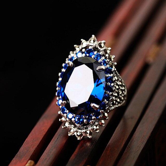 Großer ovaler Stein Ehering Charme männlich weiblich großer rubinroter Ring Vintage 925 Sterling Silber Verlobungsringe für Männer und Frauen 10 saphir blau