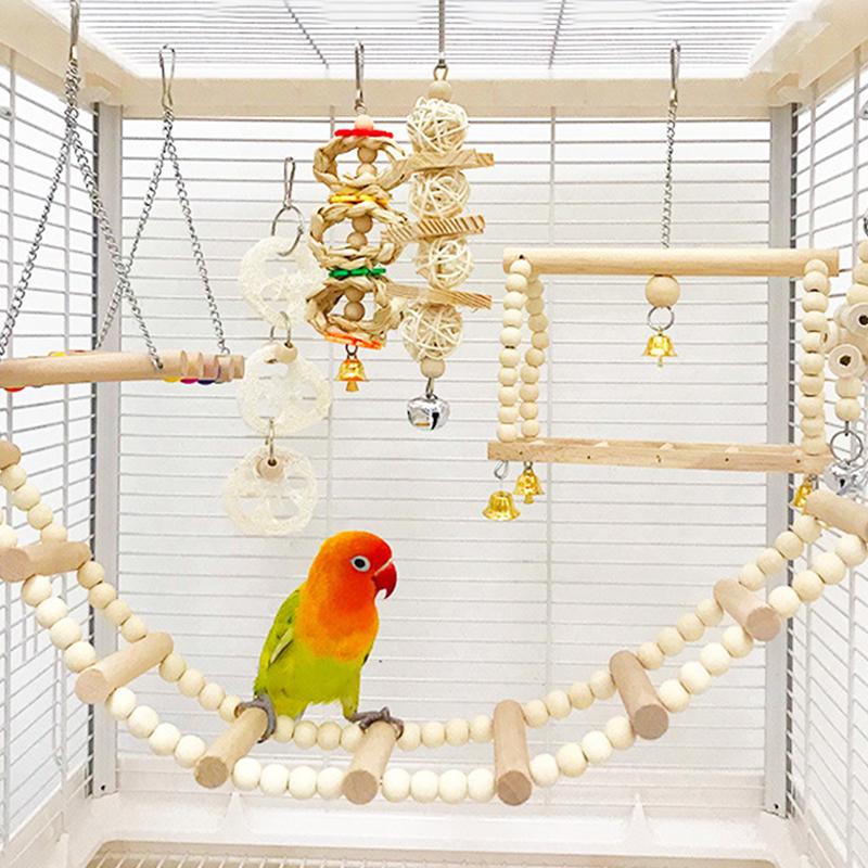 8-teiliges Kombinationsspielzeug für Papageien, Vogelspielzeug für Papageien, natürliches Holz, Schaukel, Sitzstange, Vogelkäfig, Kletterspielzeug, Heimtierbedarf 8Pcs