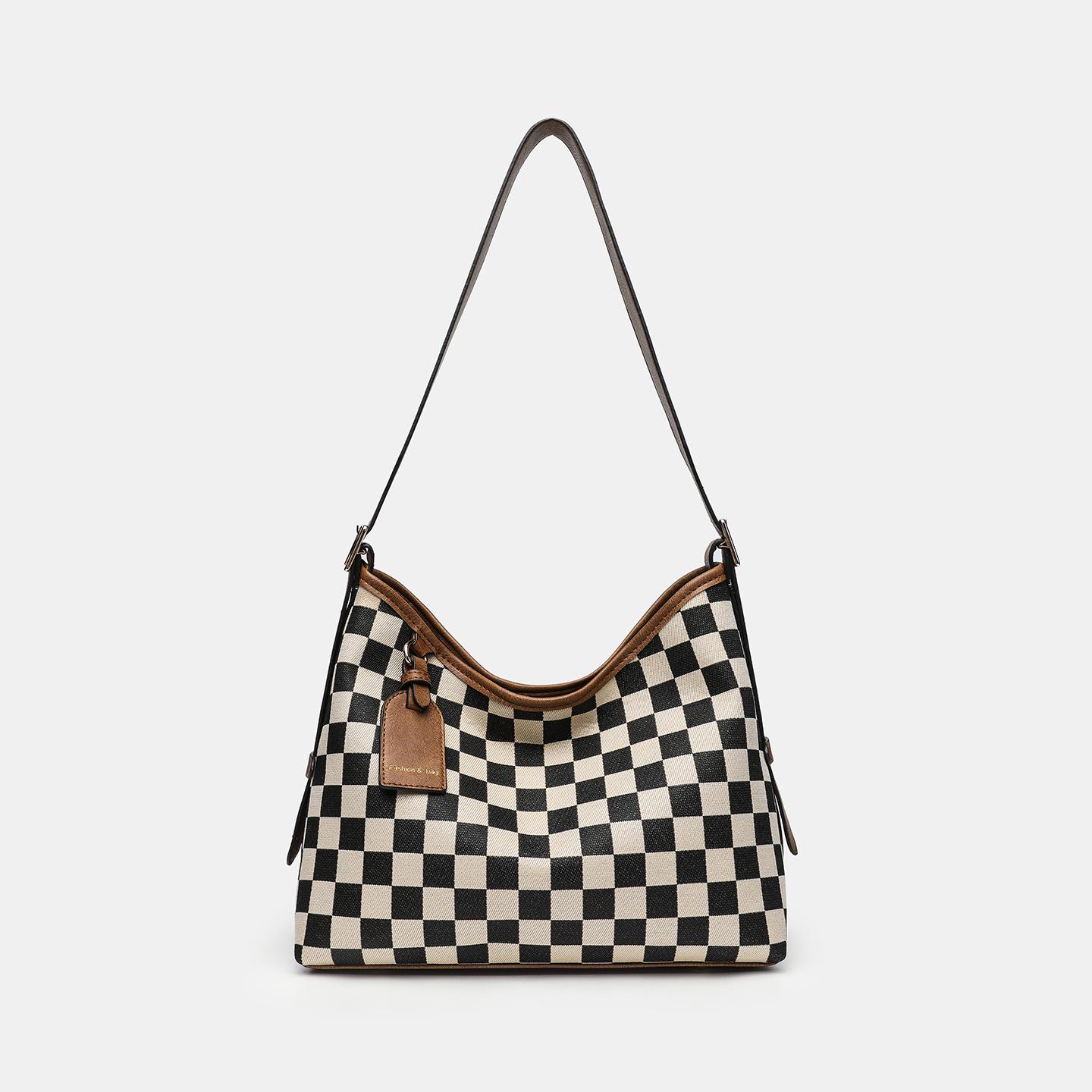 Schachbrett Muster Tasche Tragetasche Große Kapazität Schulter Achsel Tasche Herbst Und Winter Fortgeschrittener Sinn Für Arbeit Pendler Damen Tasche braun
