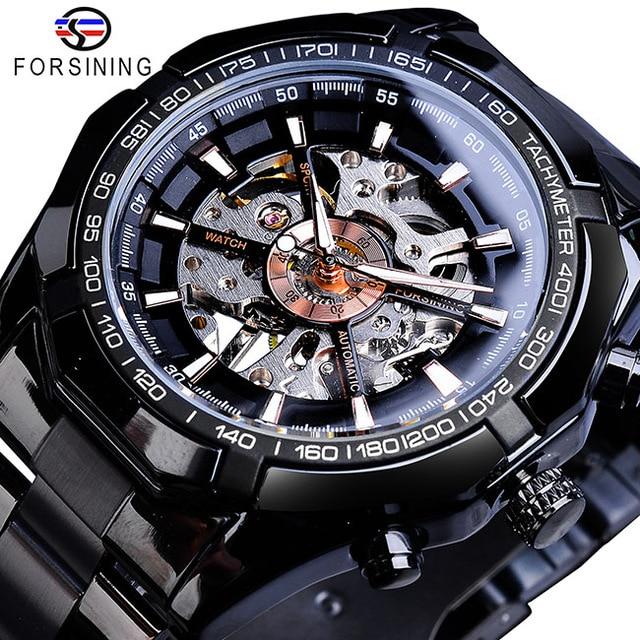 Forsining Edelstahl Wasserdicht Herren Skeleton Uhren Top Marke Luxus Transparente Mechanische Sport Männliche Armbanduhren schwarz