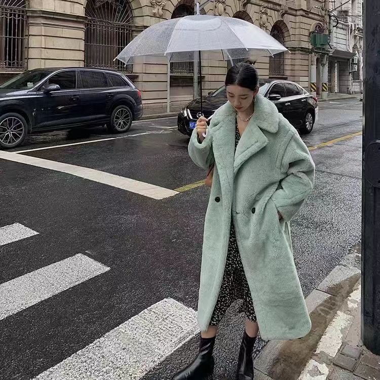 Lange Teddybär Jacke Mantel Frauen Winter Dicke Warme Übergroße Klobige Oberbekleidung Mantel Frauen Faux Lammwolle Pelz Mäntel XXL hellgrüne
