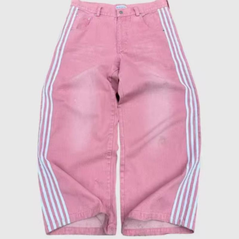 Unisex Streetwear Jeans Y2K Denim Hose Hip Hop Retro Gestreifte Bestickte Baggy Jeans Herren Damen Hohe Taille Hose mit weitem Bein XL rosa