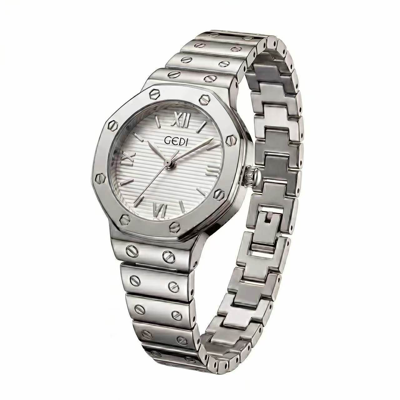 Mittelalterliche mehrfarbige achteckige Nieten-Uhr Damen Retro leichter Luxus Stahlband Quarz-Uhr High-End vielseitige Pendler-Uhr One size fits all gray