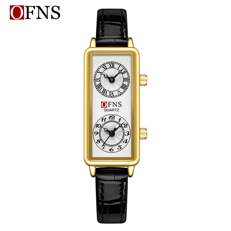 Dual Movement Uhr Damen Quarz Armbanduhr Luxus Damen 2 Zeitzonen Uhr Edelstahl Schwarzes Leder Uhr BELT gold/schwarz