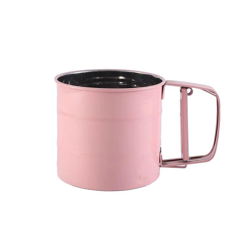 Halbautomatisches Mehlsieb, ein Backwerkzeug für die Haushaltsküche, handgehaltener Edelstahlfilter für Puderzucker und Mehl rosa