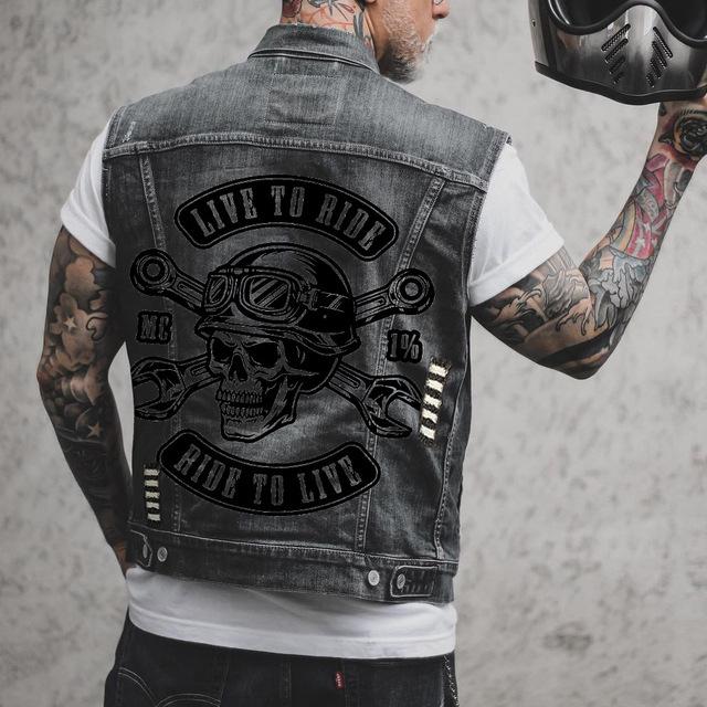 Frühling Herbst Punk Stil Totenkopf Druck Loch Denim Weste Jacke Herren Street Fashion Ärmellos Motorrad Lässig Weste XXXXL schwarz