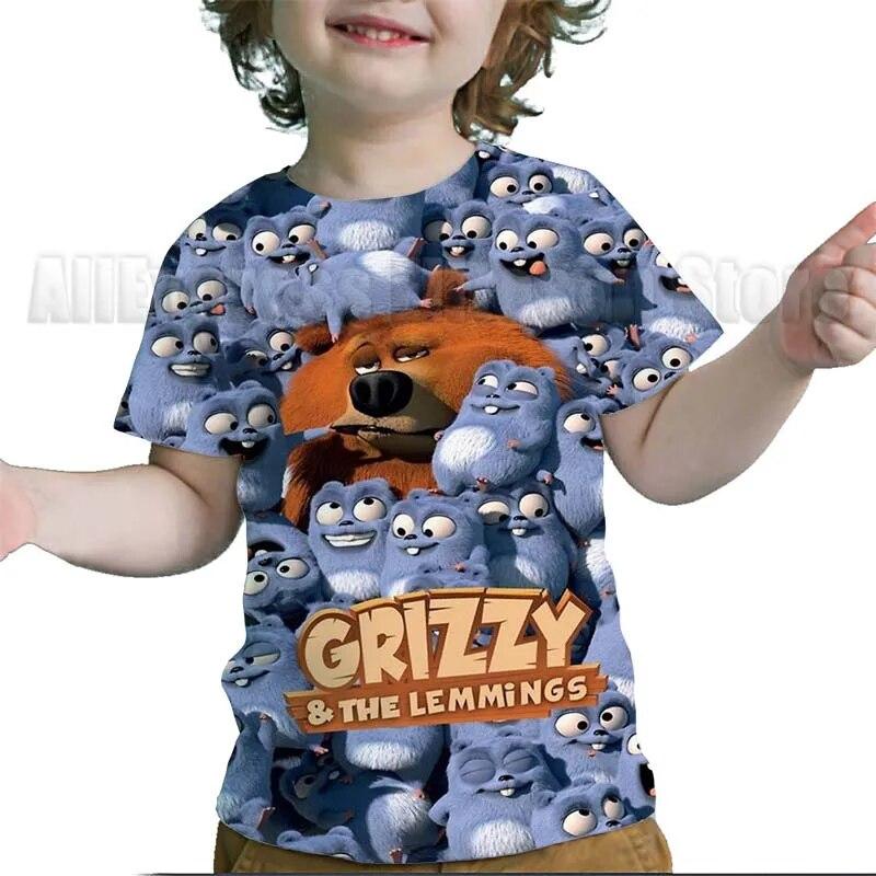 Kinder Grizzy und die Lemminge 3D-Druck T-Shirts Kinder Cartoon T-Shirts Kleinkind Jungen Mädchen Anime T-Shirts Streetwear T-Shirts 120