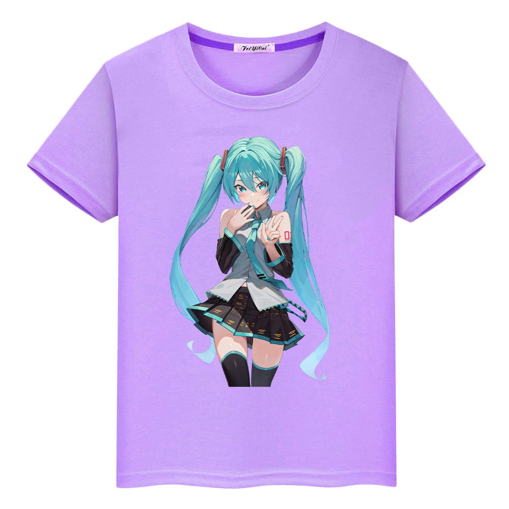 T-Shirt für Kinder Jungen 10 Jahre Hatsune Miku Druck Kawaii 100% Baumwolle Anime Kurz Stolz T-Shirt Y2K Kleinkind Mädchen Kleidung Kinderkleidung 160 violett