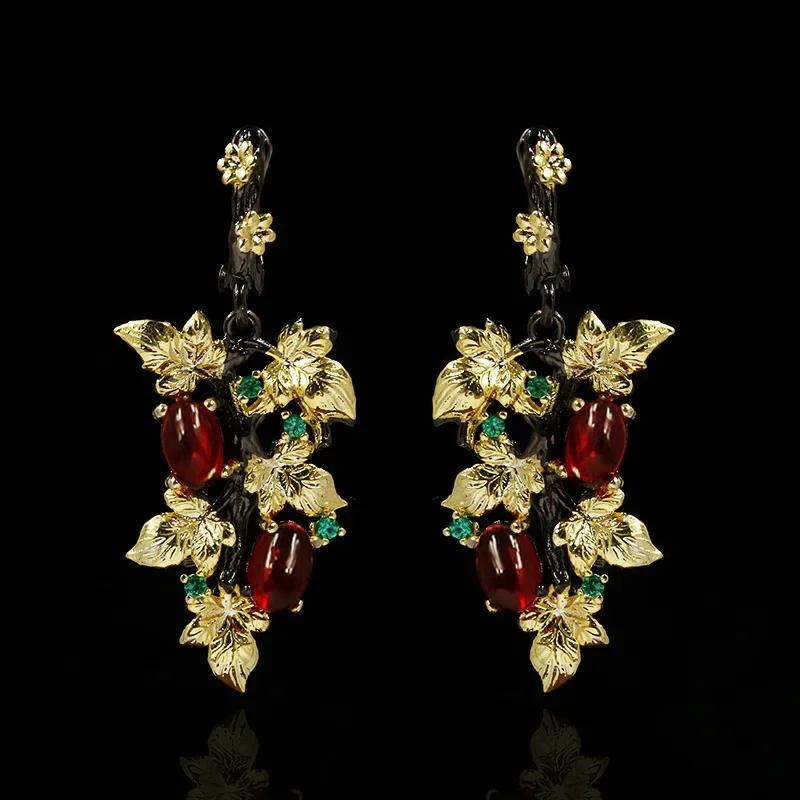 Neuer Eleganter Schwarzgoldener Rubin Anhänger Blume Blatt 925 Silber Ohrringe Kristall Edelstein Damen Schmuck Ohrringe Silber 925 Schmuck beige