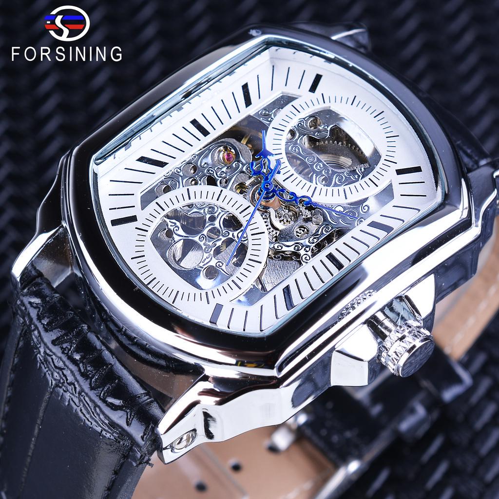 Forsining Retro Klassisches Weißes Zifferblatt Blaue Hände Transparent Automatische Skeleton Armbanduhr Herren Mechanische Uhren Top-marke Luxus weiß