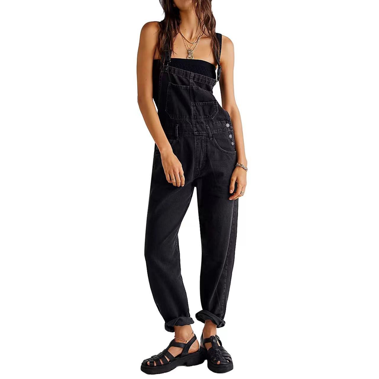 Blauer Damen Vintage Retro Denim Langer Jumpsuit Lässig Träger Gerade Einteiler Latzhose Sommer Baggy Latzhose M schwarz