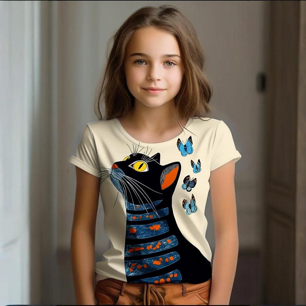 Mädchen Kleidung Sommer Cartoon Katze Grafik Kinderkleidung Kinder Kunst Kritzeleien Kurzarm T-Shirt Lässig O-Ausschnitt Kinder Top 140 beige