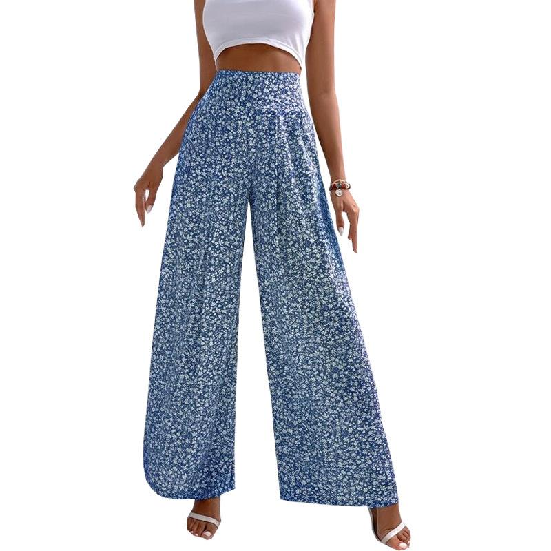 Palazzo-Hose mit Blumendruck für Damen, lässig, elastische, hohe Taille, lockere Hose, bequem, atmungsaktiv, leichte Sommerhose mit weitem Bein für die Arbeit, den Urlaub, den Strand L blau