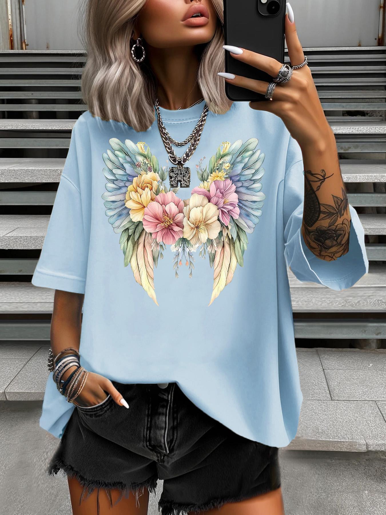 Mode Blume Engelsflügel Aufdruck Übergröße T-Shirt Damen Lässig Rundhals Kurzarm Oberteile 3XL rosa