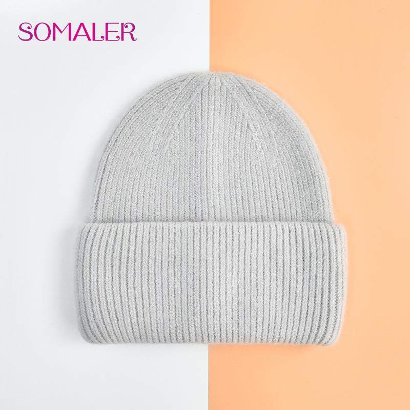 SOMALER Winter Angora Wolle Gestrickte Mütze Weich Warm Flauschig Kaninchenfell Strick Einfache Mützen für Damen licht grau