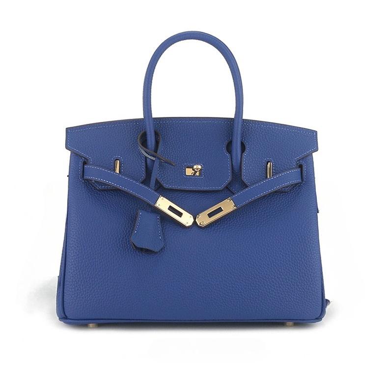 Erste Schicht togo Rindsleder große Kapazität Leder Litschi-Muster Damenmode Schloss Handtasche 35x19x26cm elektrische blaue