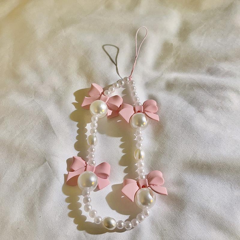 Koreanische Charm-Schleife, Handykette für Frauen und Mädchen, Telefon-Charms-Gurt, schwarze Acrylperlen, Telefon-Lanyard, Schlüsselband